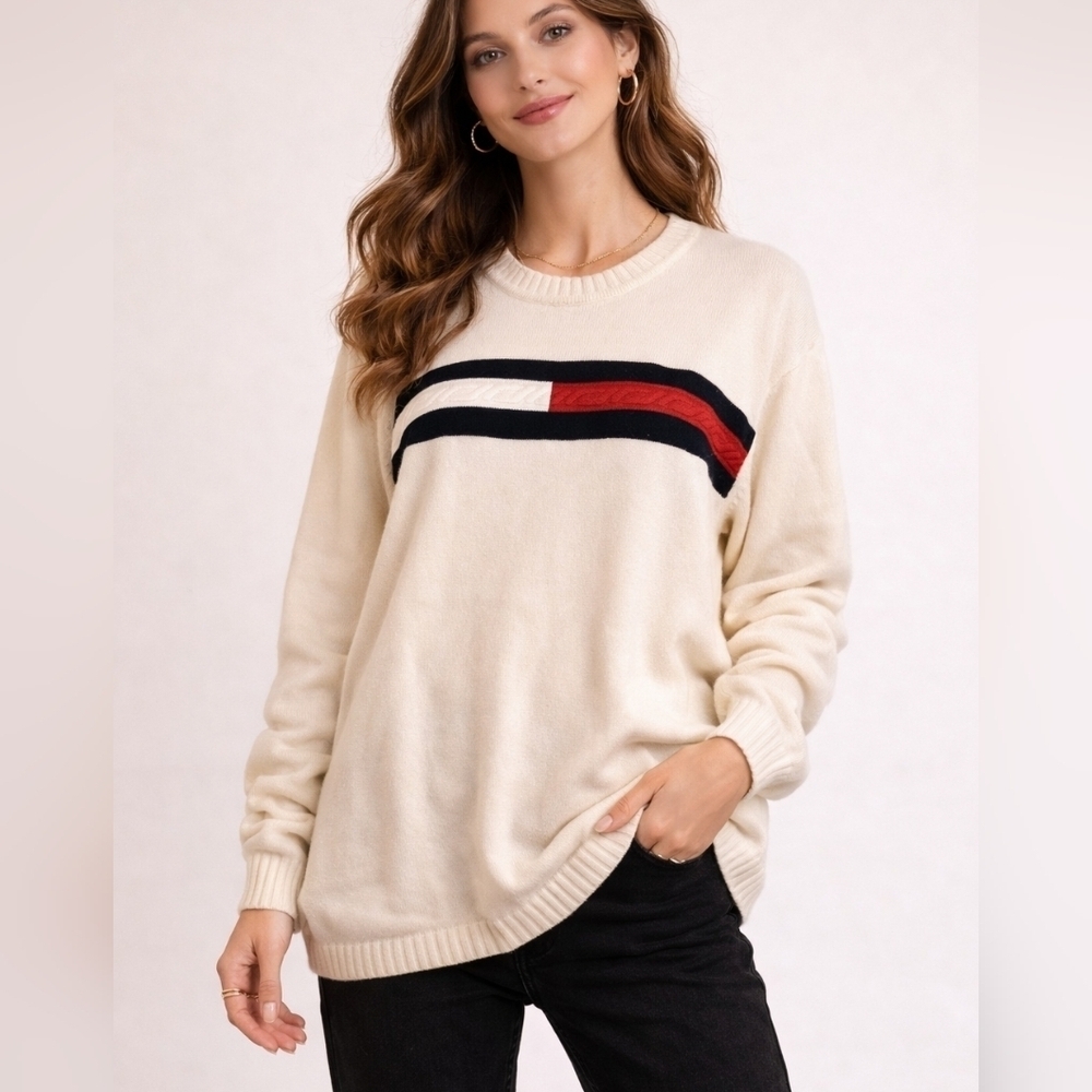 VTG 1990s TOMMY HILFIGER White Logo Crew Neck Sweater 1X